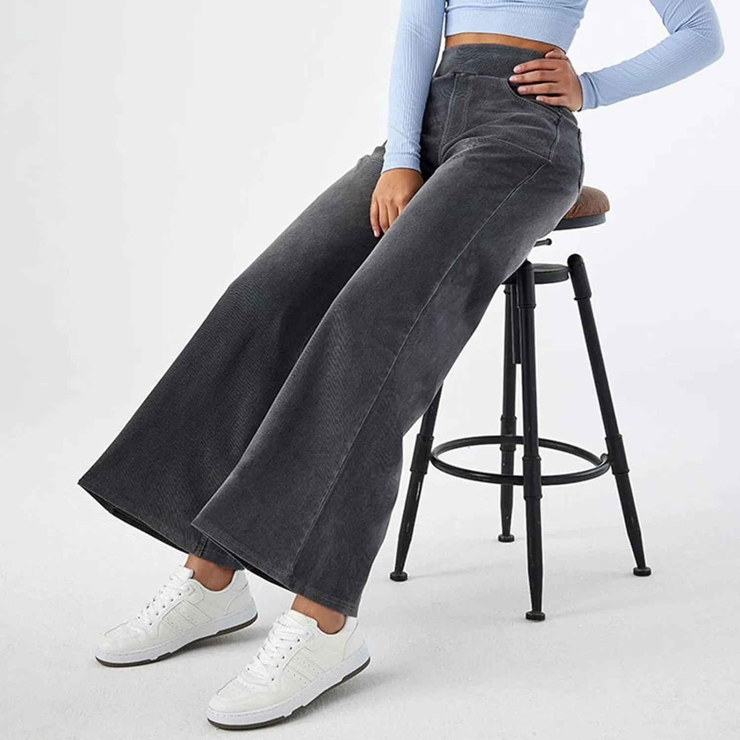 Pull On Wide Leg Jeans for Women High Waisted Stretchy Baggy Trendy Straight Leg Jeans Denim Pants