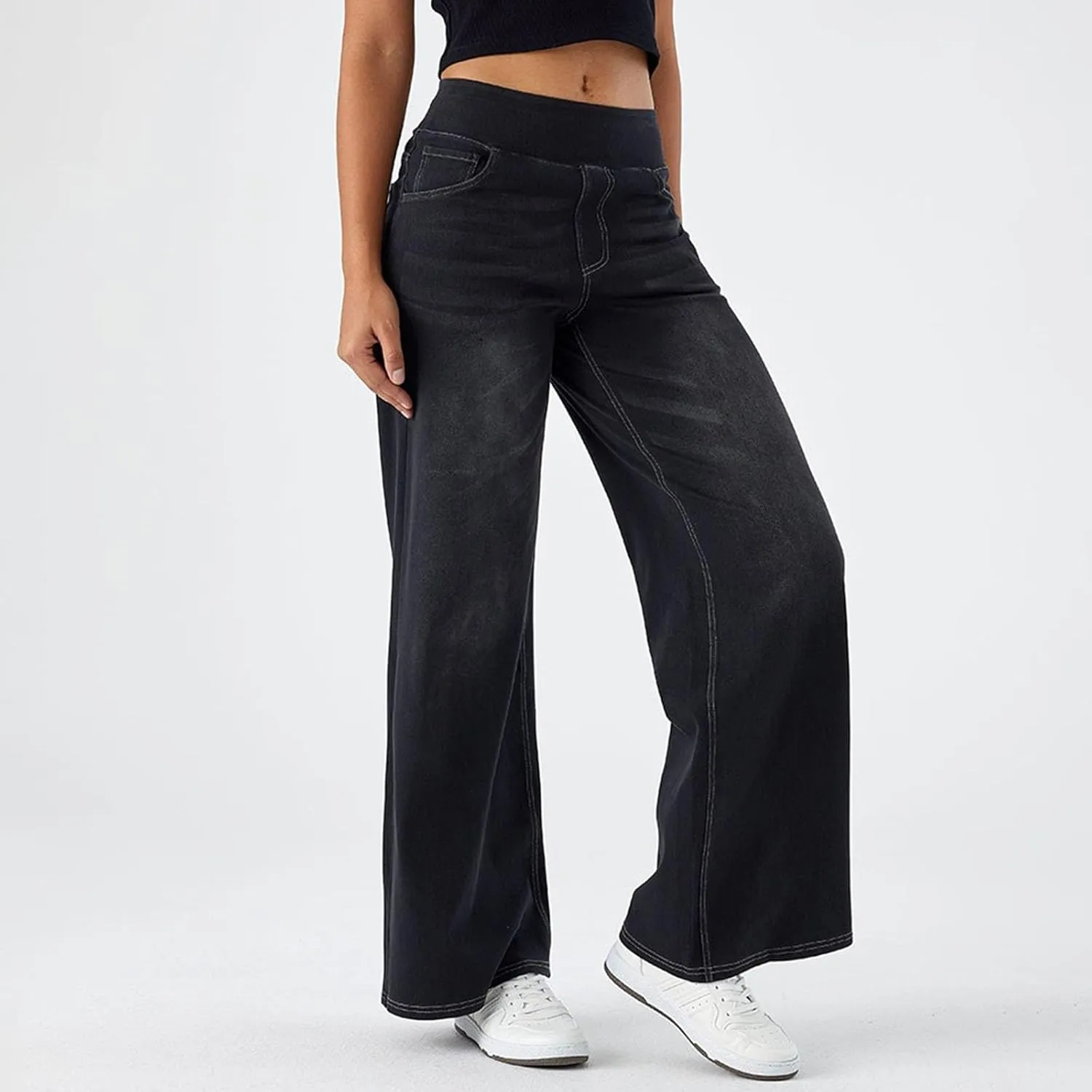 Pull On Wide Leg Jeans for Women High Waisted Stretchy Baggy Trendy Straight Leg Jeans Denim Pants