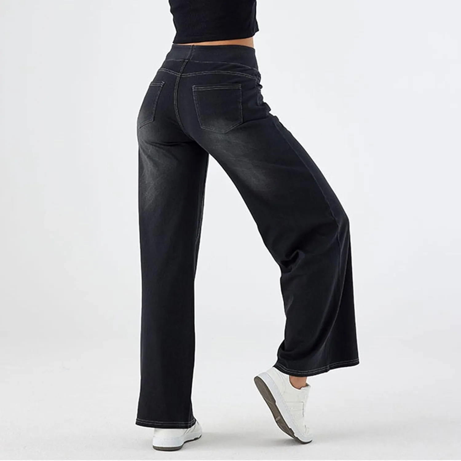 Pull On Wide Leg Jeans for Women High Waisted Stretchy Baggy Trendy Straight Leg Jeans Denim Pants