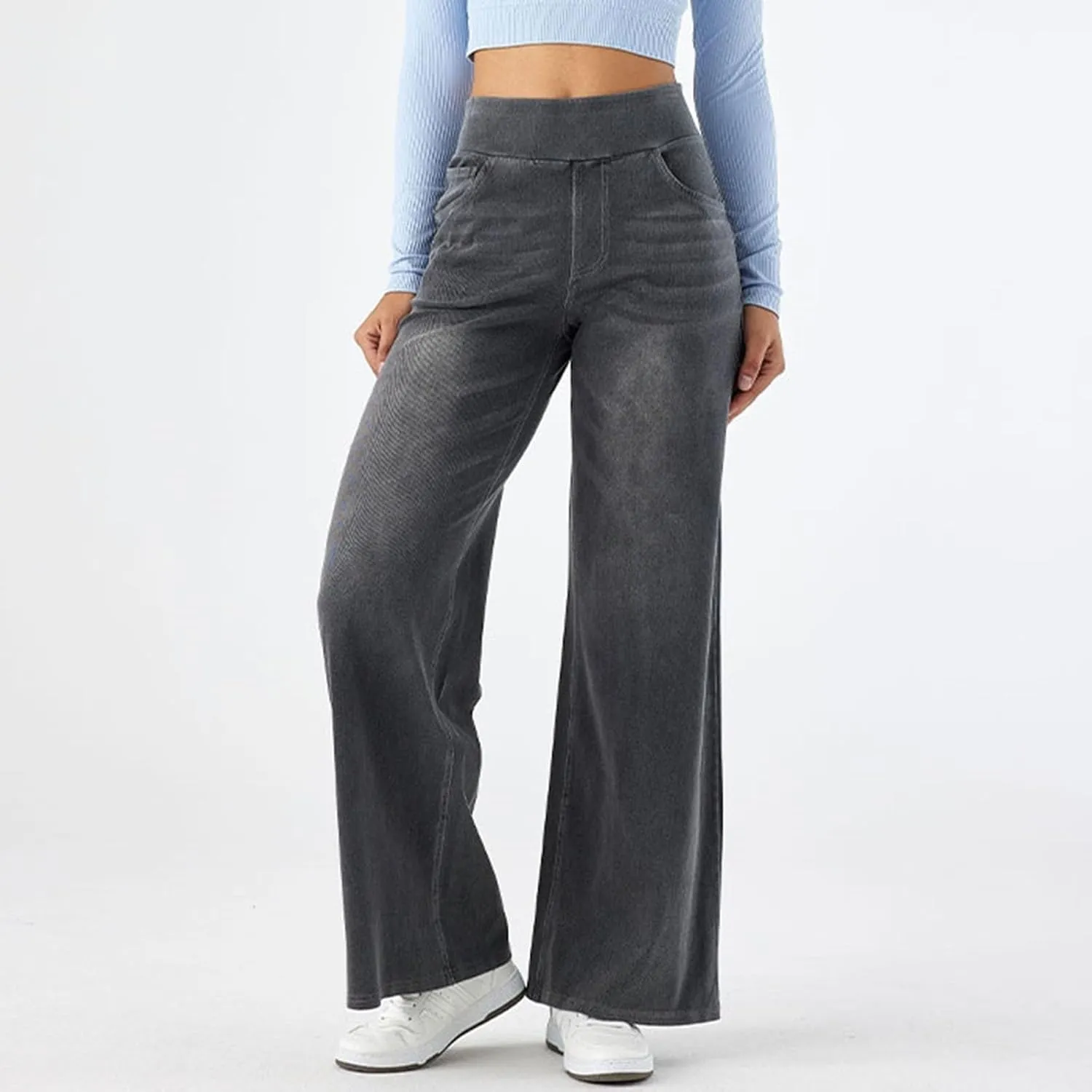 Pull On Wide Leg Jeans for Women High Waisted Stretchy Baggy Trendy Straight Leg Jeans Denim Pants