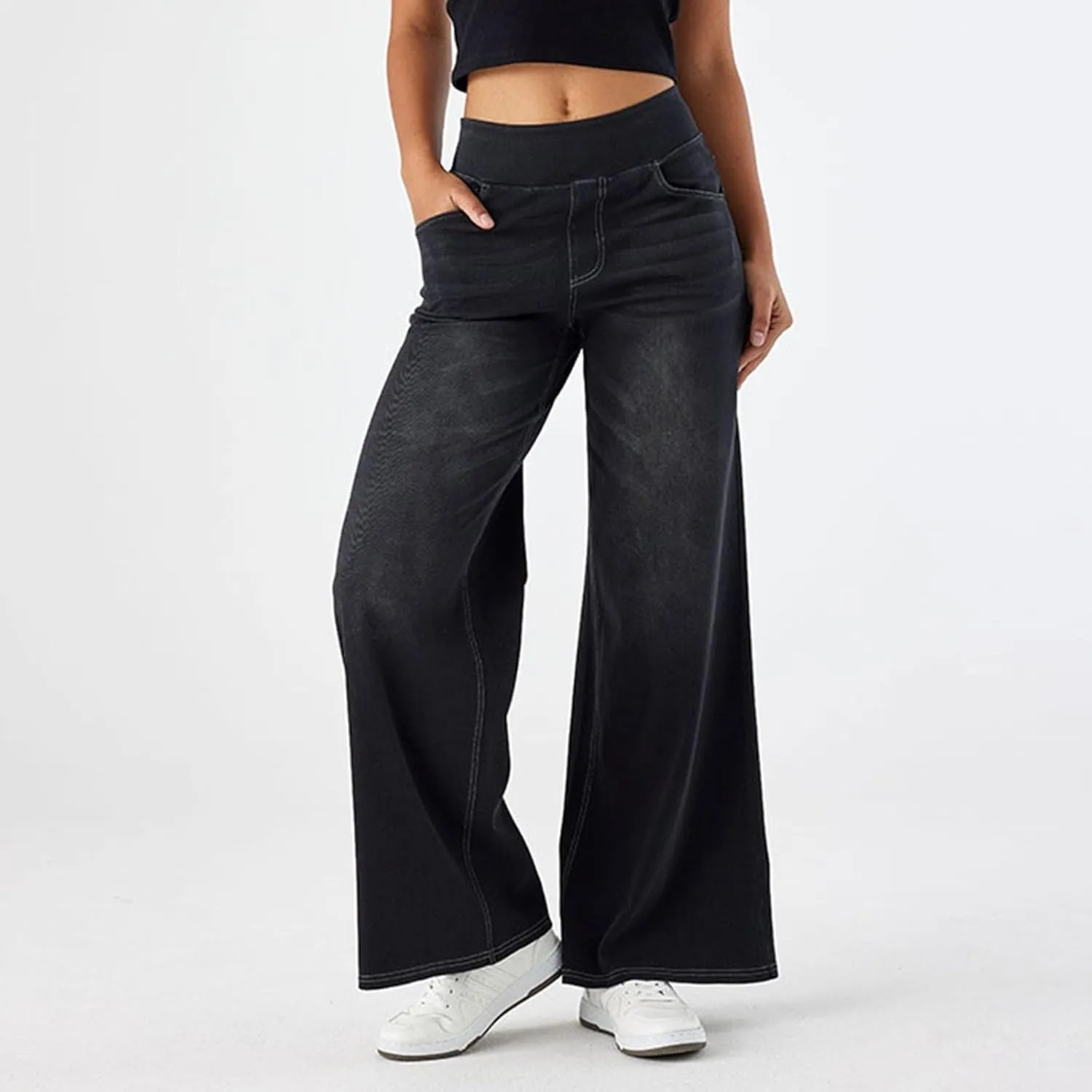 Pull On Wide Leg Jeans for Women High Waisted Stretchy Baggy Trendy Straight Leg Jeans Denim Pants