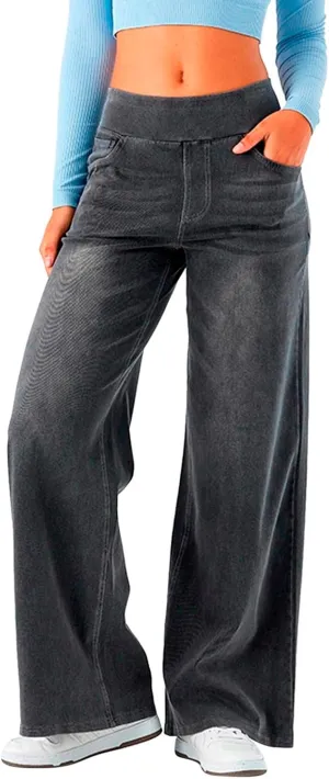 Pull On Wide Leg Jeans for Women High Waisted Stretchy Baggy Trendy Straight Leg Jeans Denim Pants