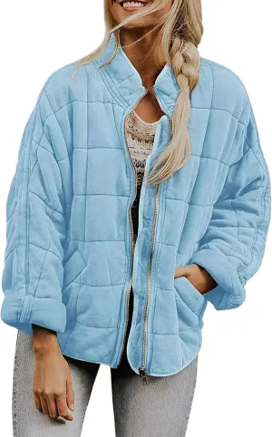 Quilted Jackets for Women Baggy Lightweight Zip up Coat Padded Warm Winter Down Overcoat with Pockets Casual Outwear