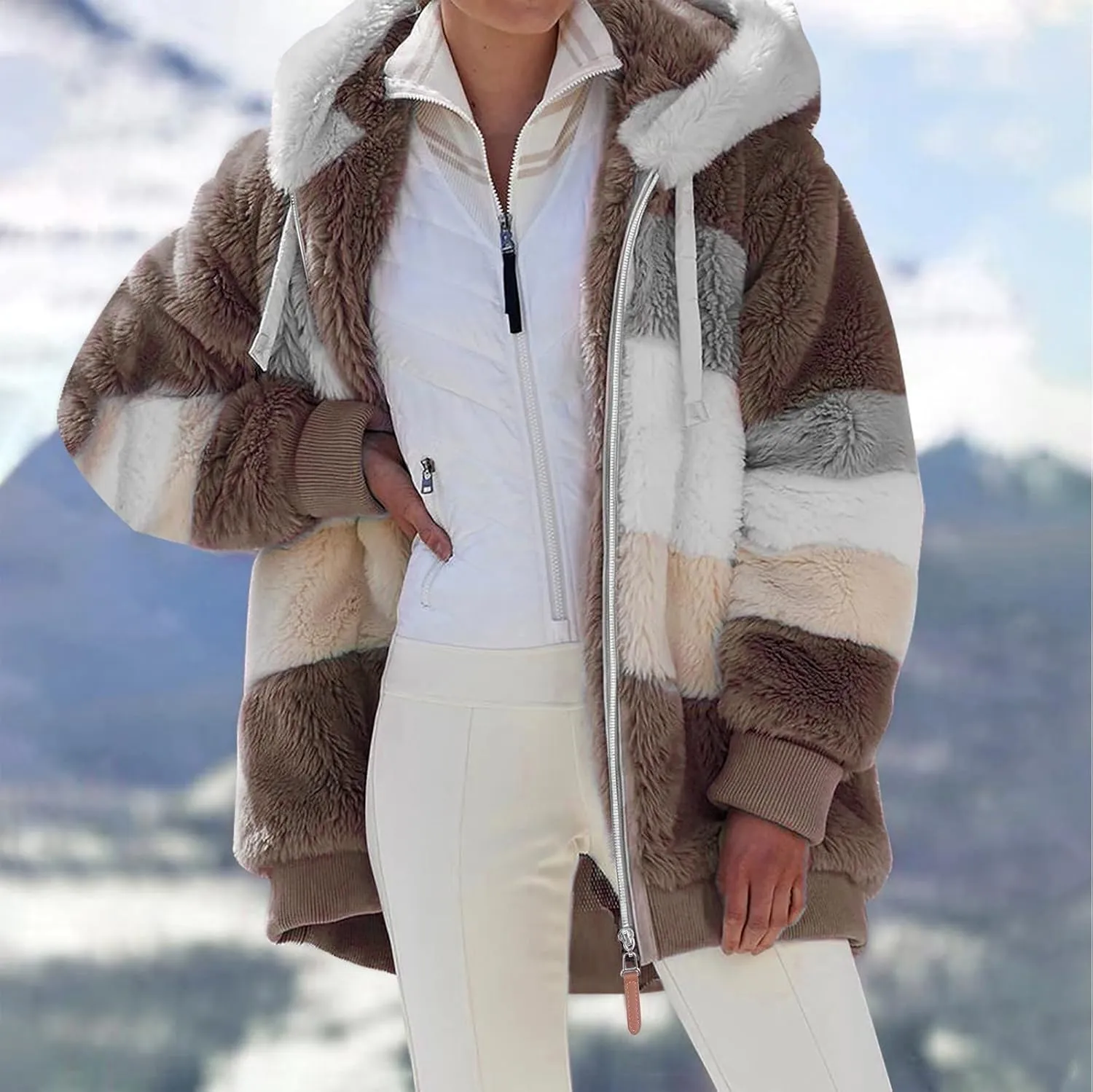 QWENTMTNTY Winter Coats for Women 2023 Sherpa Coats Lightweight Sherpa Lined Jacket No Hood Warm Winter Coats Outerwear