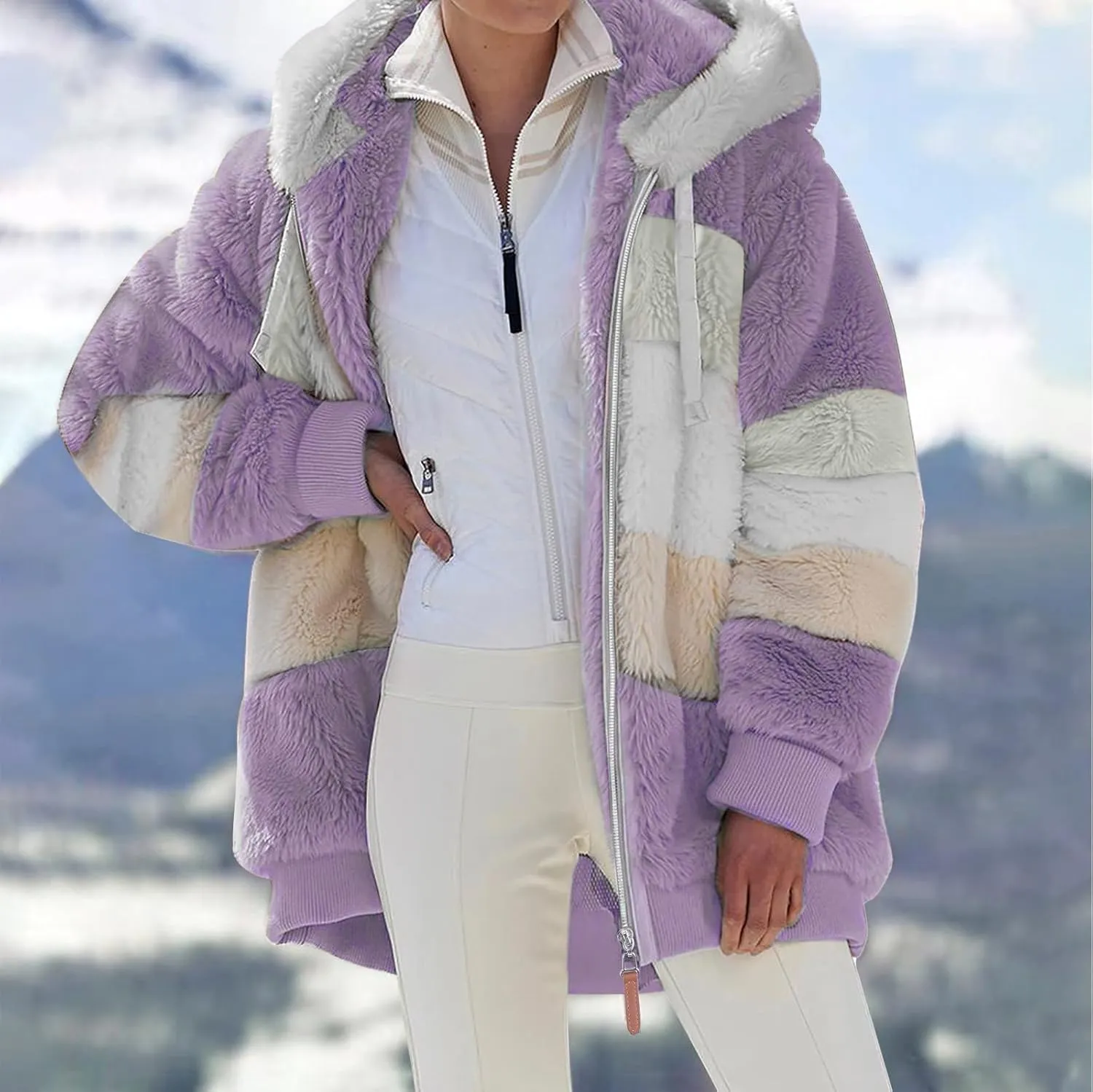 QWENTMTNTY Winter Coats for Women 2023 Sherpa Coats Lightweight Sherpa Lined Jacket No Hood Warm Winter Coats Outerwear