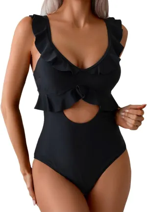 Rainlover Womens One Piece Swimsuits Tummy Control Bathing Suit Cutout High Waisted Ruffle Wrap V Neck Swimwear