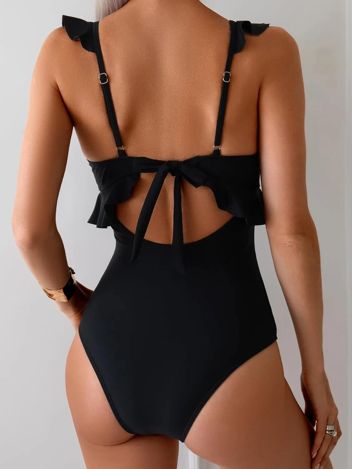 Rainlover Womens One Piece Swimsuits Tummy Control Bathing Suit Cutout High Waisted Ruffle Wrap V Neck Swimwear