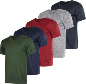 Real Essentials 5 Pack: Mens V-Neck Dry-Fit Moisture Wicking Active Athletic Tech Performance T-Shirt