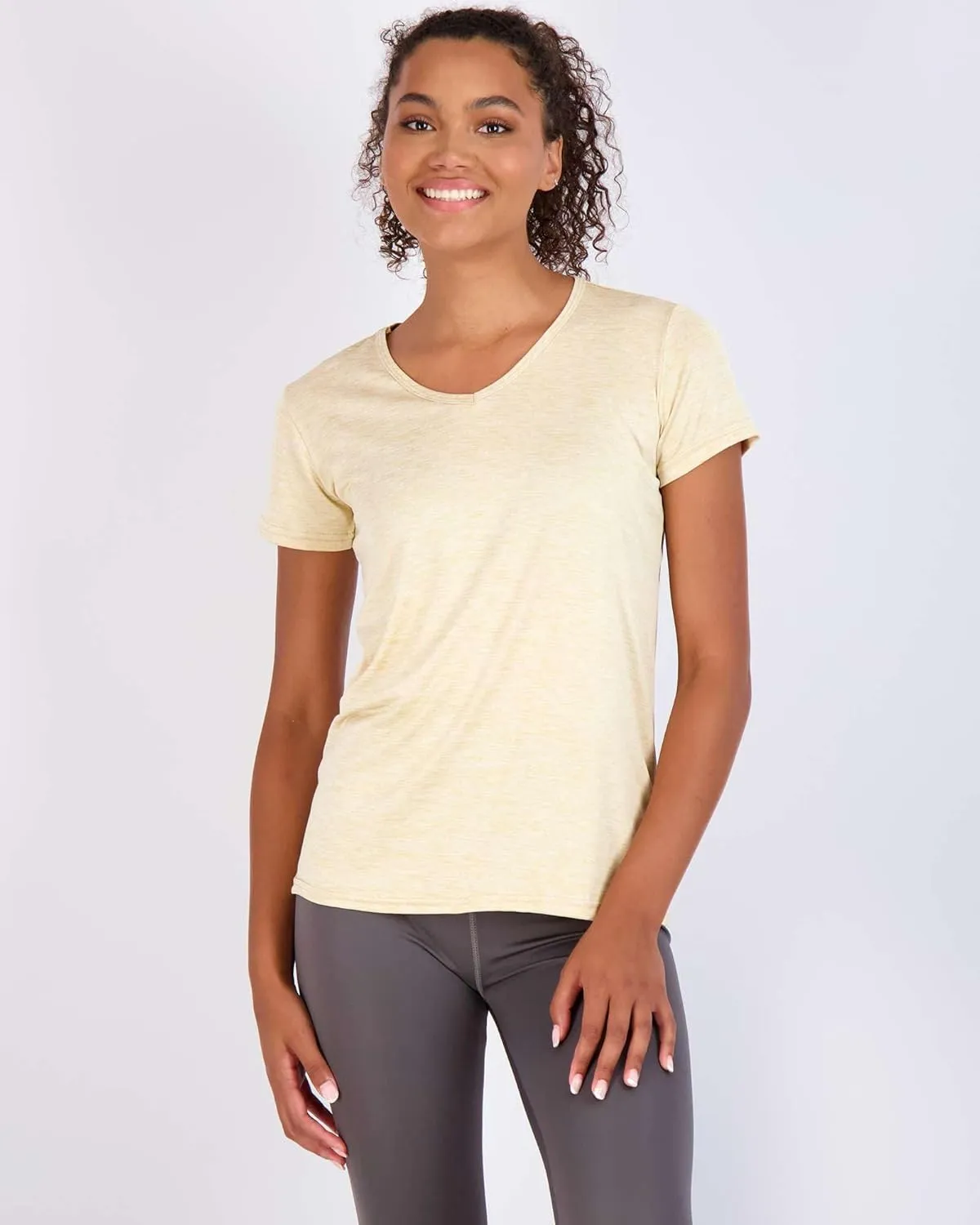Real Essentials 5 Pack: Women's Short Sleeve V-Neck Activewear T-Shirt Dry-Fit Wicking Yoga Top (Available in Plus)