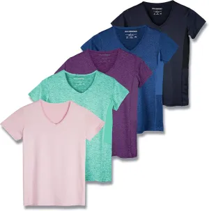 Real Essentials 5 Pack: Women's Short Sleeve V-Neck Activewear T-Shirt Dry-Fit Wicking Yoga Top (Available in Plus)
