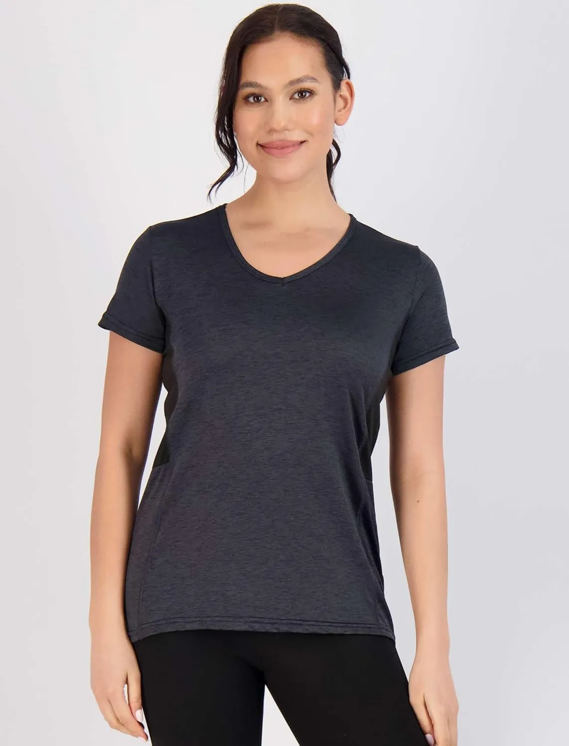 Real Essentials 5 Pack: Women's Short Sleeve V-Neck Activewear T-Shirt Dry-Fit Wicking Yoga Top (Available in Plus)