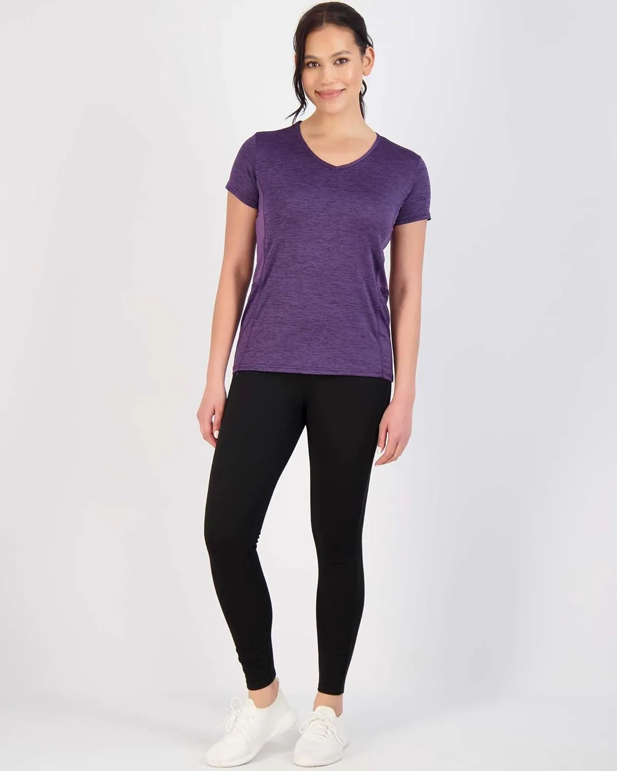 Real Essentials 5 Pack: Women's Short Sleeve V-Neck Activewear T-Shirt Dry-Fit Wicking Yoga Top (Available in Plus)