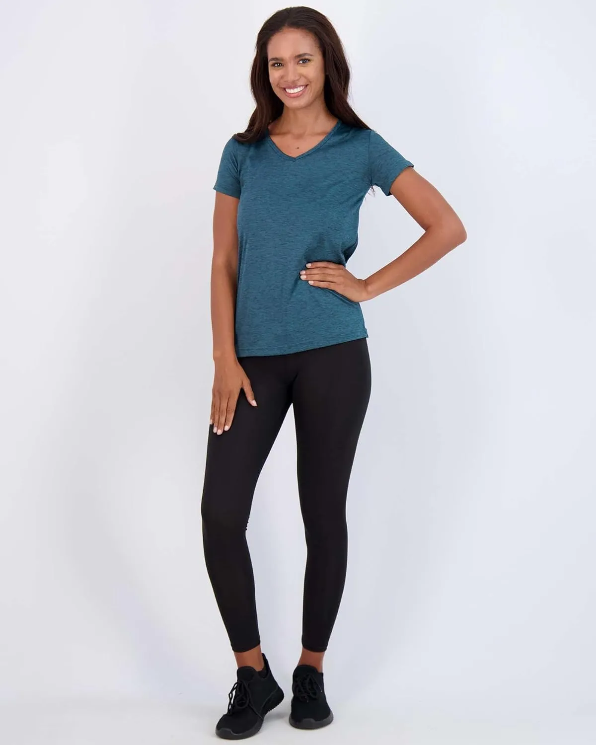 Real Essentials 5 Pack: Women's Short Sleeve V-Neck Activewear T-Shirt Dry-Fit Wicking Yoga Top (Available in Plus)
