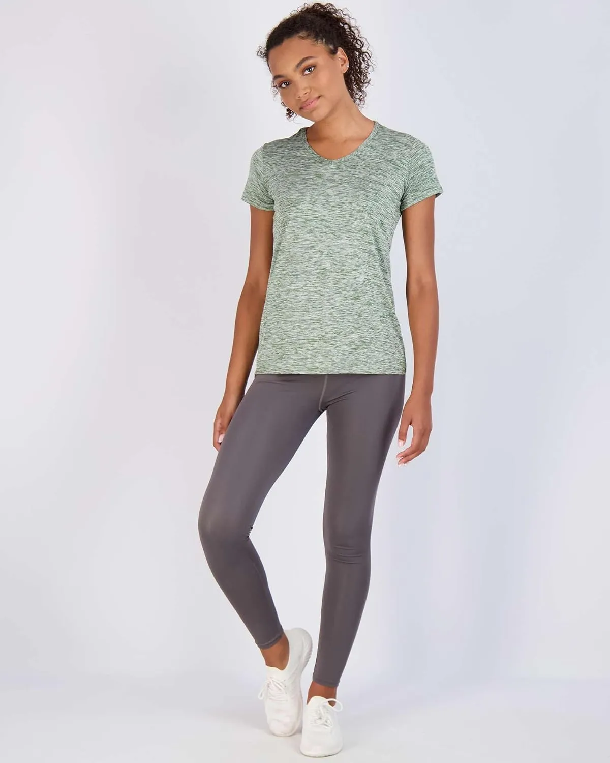 Real Essentials 5 Pack: Women's Short Sleeve V-Neck Activewear T-Shirt Dry-Fit Wicking Yoga Top (Available in Plus)