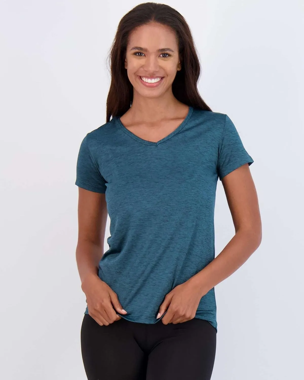 Real Essentials 5 Pack: Women's Short Sleeve V-Neck Activewear T-Shirt Dry-Fit Wicking Yoga Top (Available in Plus)