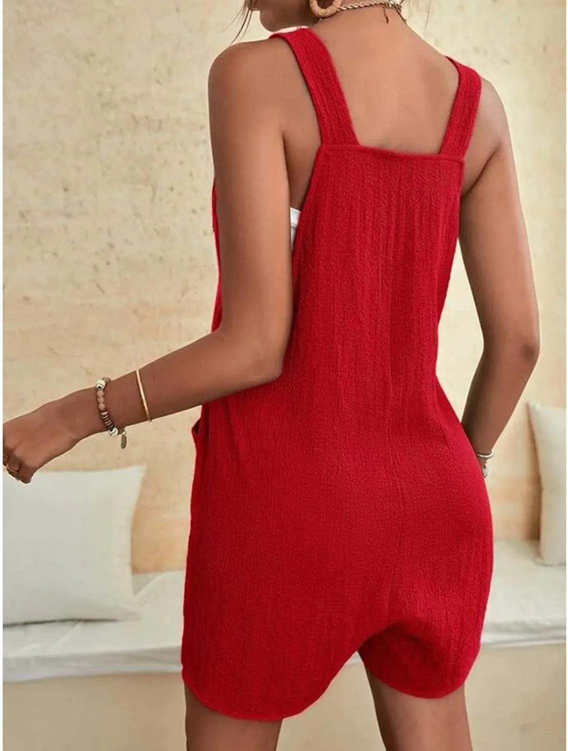 Rompers For Women 2025 Summer Short Jumpsuits Overalls Casual Sleeveless Tie Knot Strap Bib Overalls With Pockets