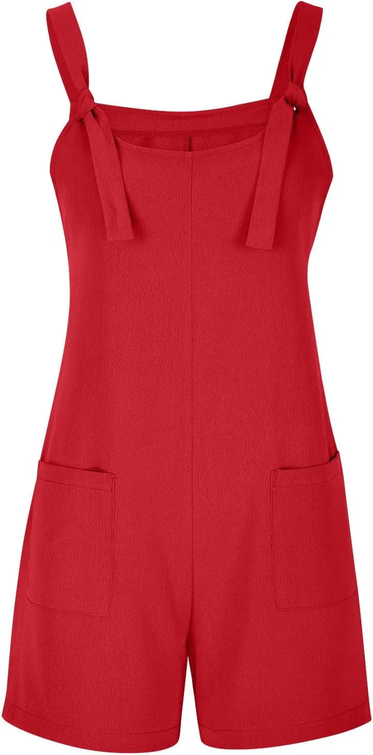 Rompers For Women 2025 Summer Short Jumpsuits Overalls Casual Sleeveless Tie Knot Strap Bib Overalls With Pockets