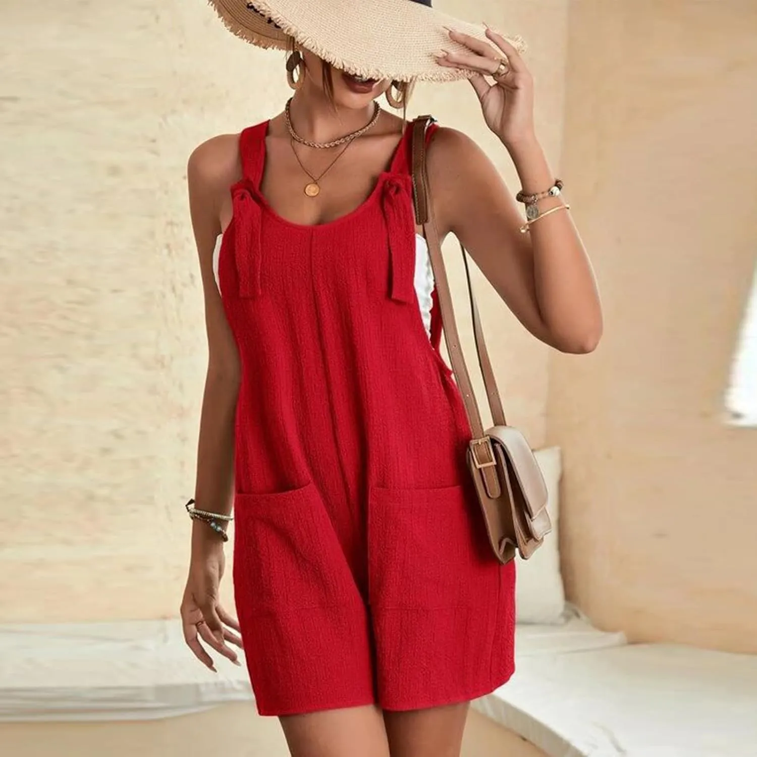 Rompers For Women 2025 Summer Short Jumpsuits Overalls Casual Sleeveless Tie Knot Strap Bib Overalls With Pockets