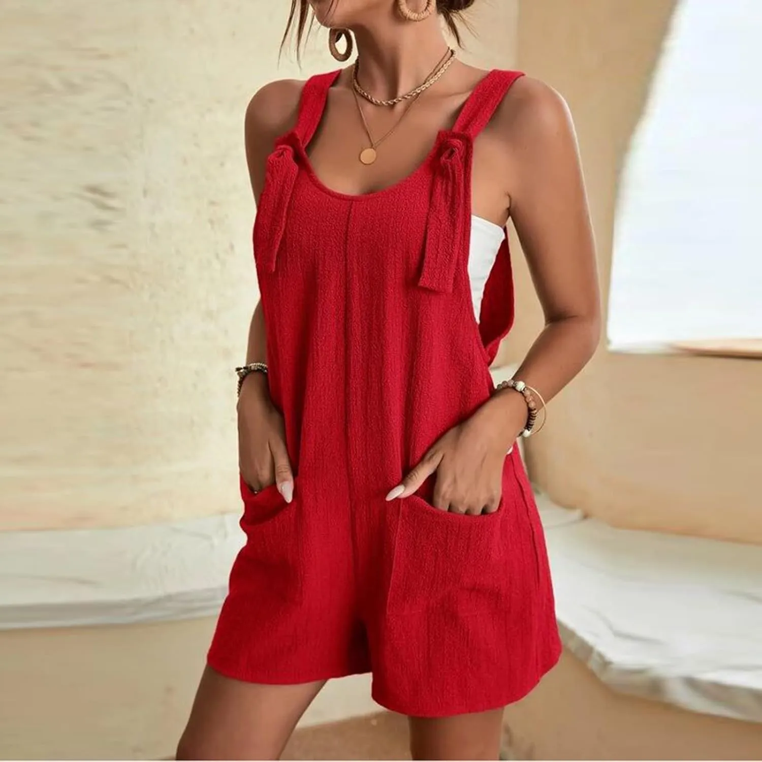 Rompers For Women 2025 Summer Short Jumpsuits Overalls Casual Sleeveless Tie Knot Strap Bib Overalls With Pockets