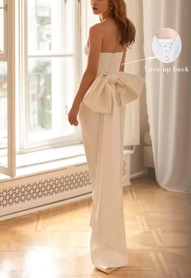 Satin Mermaid Prom Dress with Bow 2025 Cocktail Party Dress with Slit Formal Dresses with Slit
