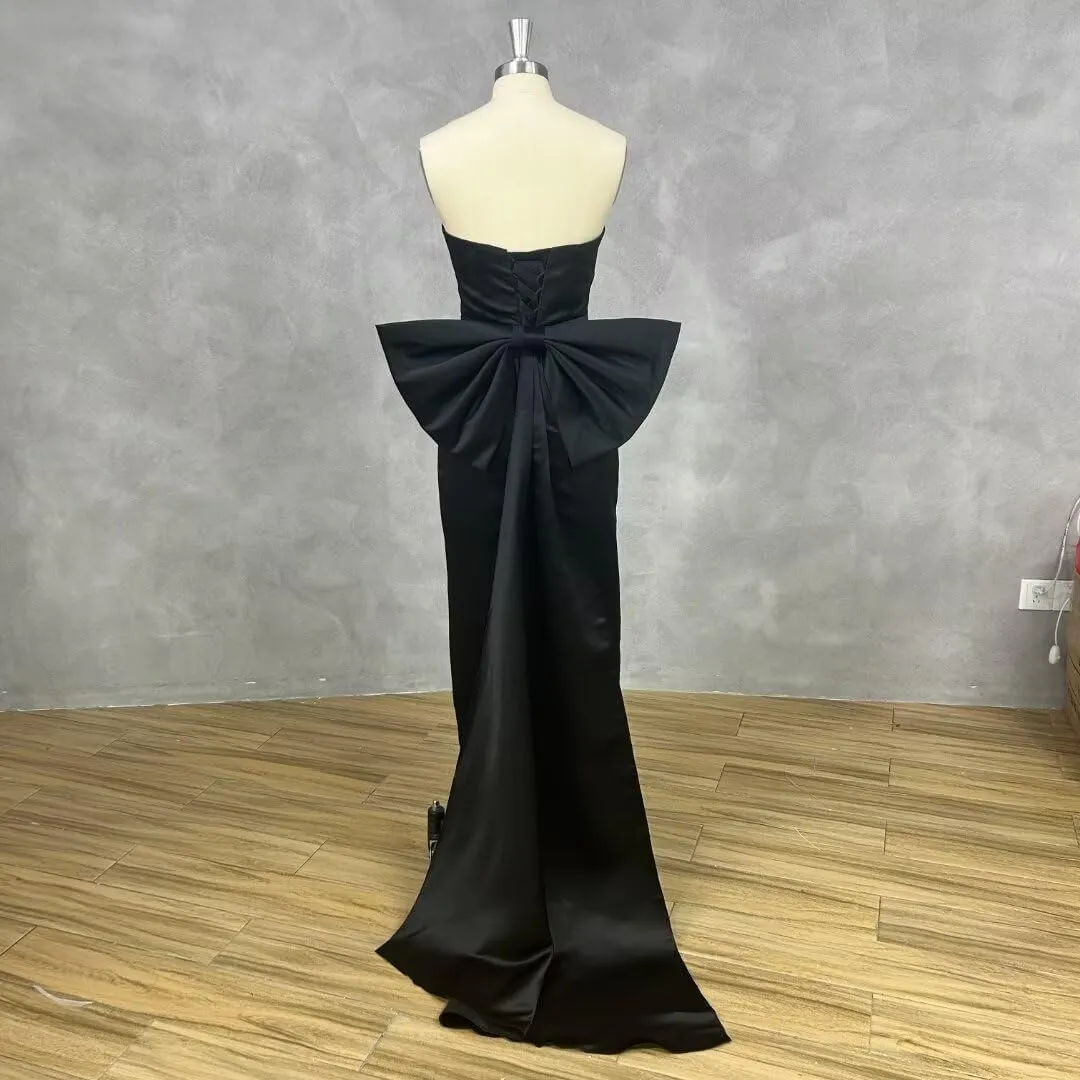 Satin Mermaid Prom Dress with Bow 2025 Cocktail Party Dress with Slit Formal Dresses with Slit