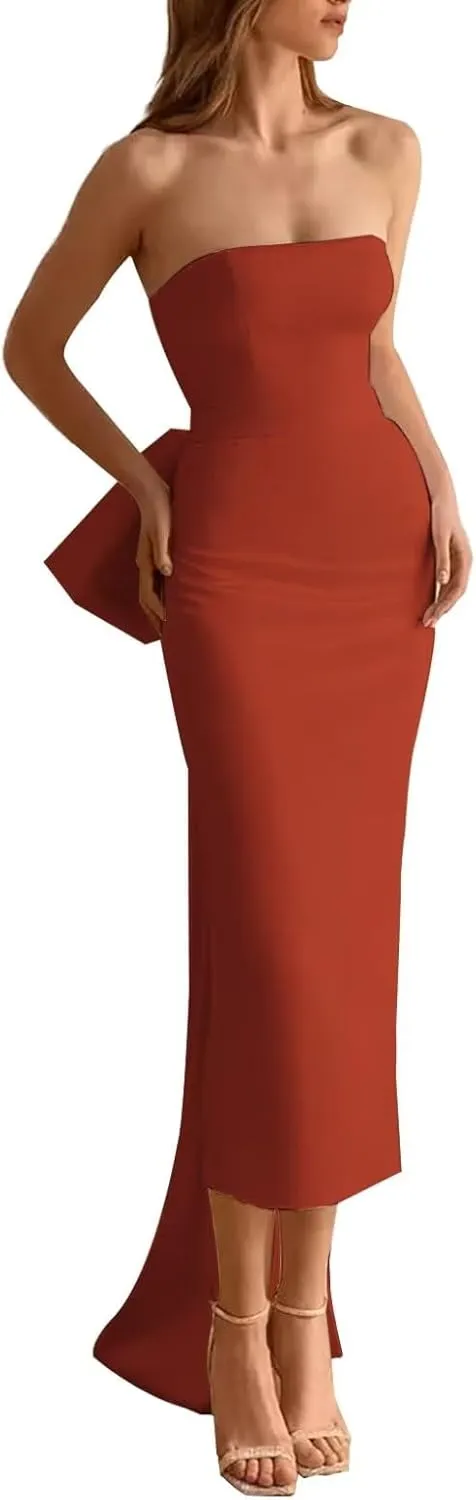 Satin Mermaid Prom Dress with Bow 2025 Cocktail Party Dress with Slit Formal Dresses with Slit