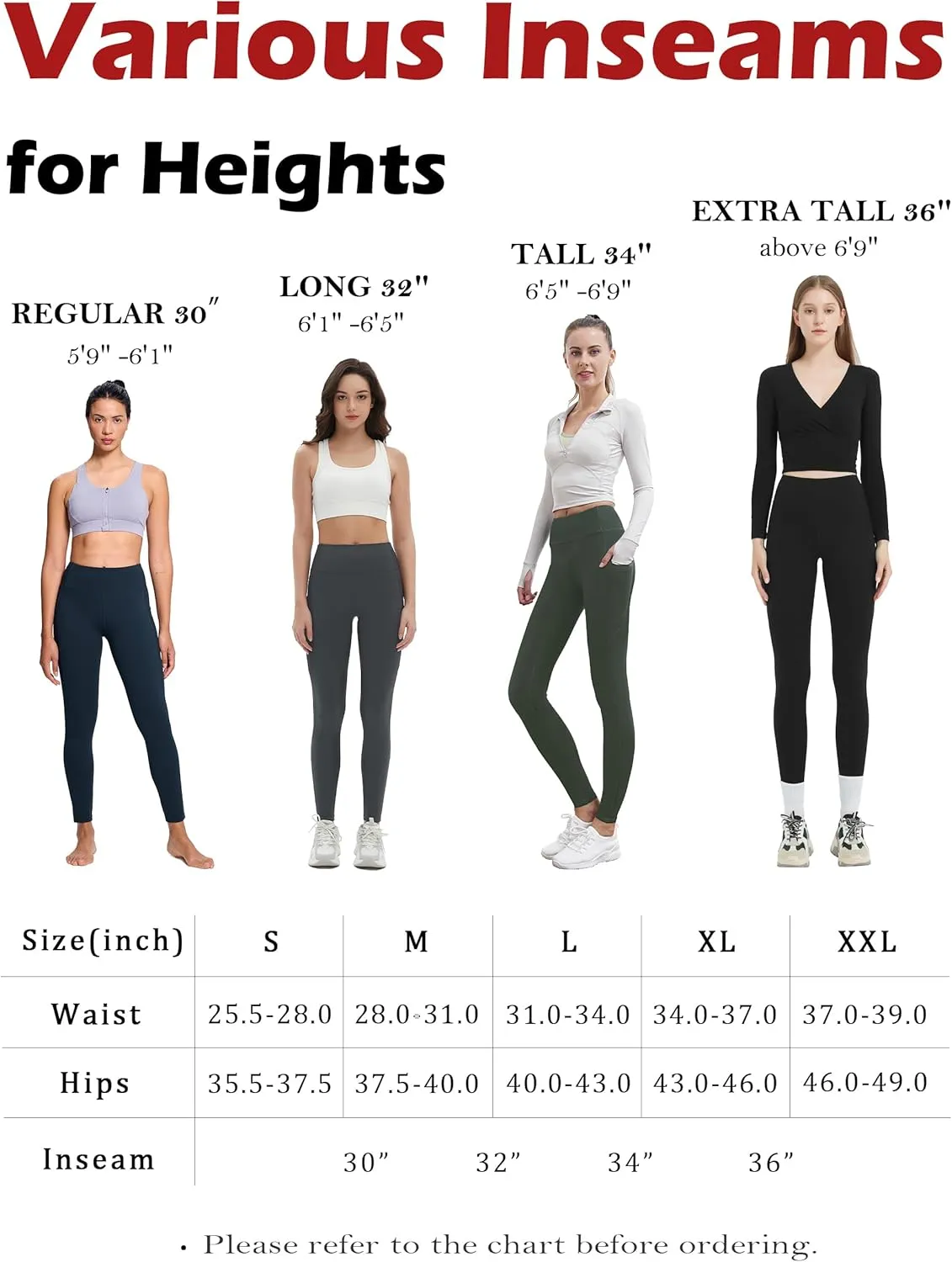 SEVEGO Tall Women's 30"/32"/34"/36" Yoga Leggings High Waist Workout Activewear Pants with Pockets