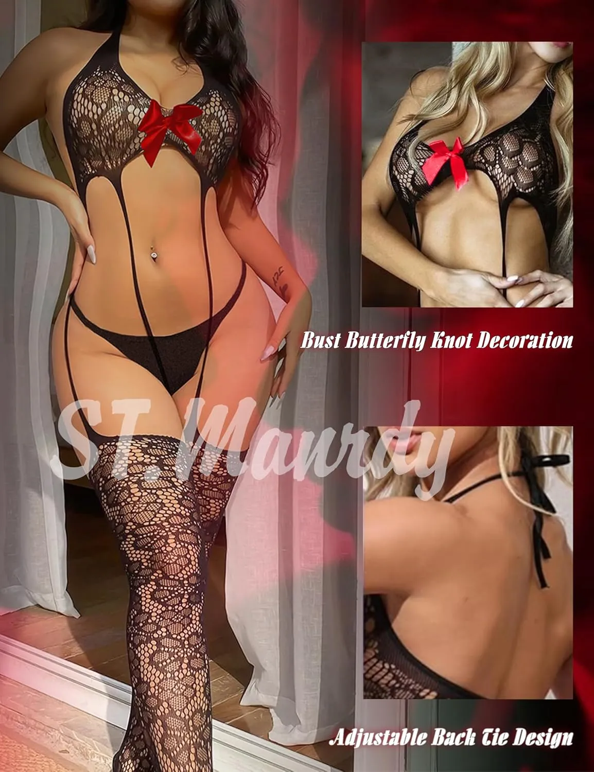 Sexy Lingerie for women 3 Piece Lingerie Set with Garter Belt Stockings and Panty,micro bikini Lace Bodysuit
