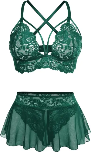 Sexy Lingerie for Women Naughty 3 Piece Bralette, Mini Skirt with G-String Crotchless Lingerie Set