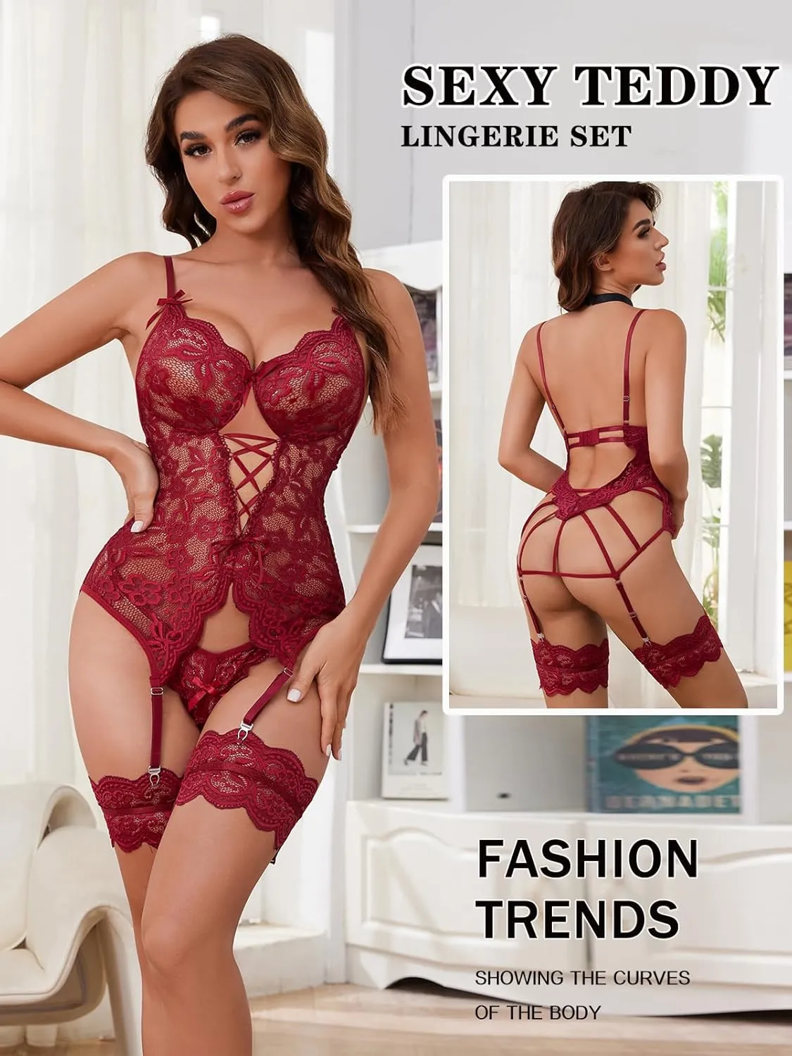 Sexy Lingerie for Women Naughty Lingerie Set with Garter Belt Lace Bodysuit Teddy Baby Dolls Panty