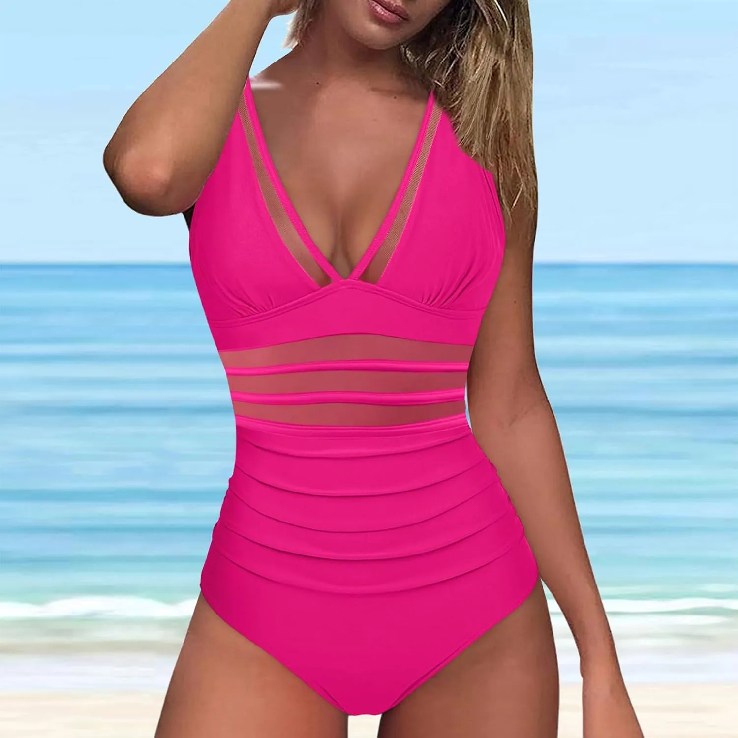 Sexy One Piece Swimsuits for Women 2025 Trendy Modest Bathing Suits V Neck Mesh Tummy Control Swimwear