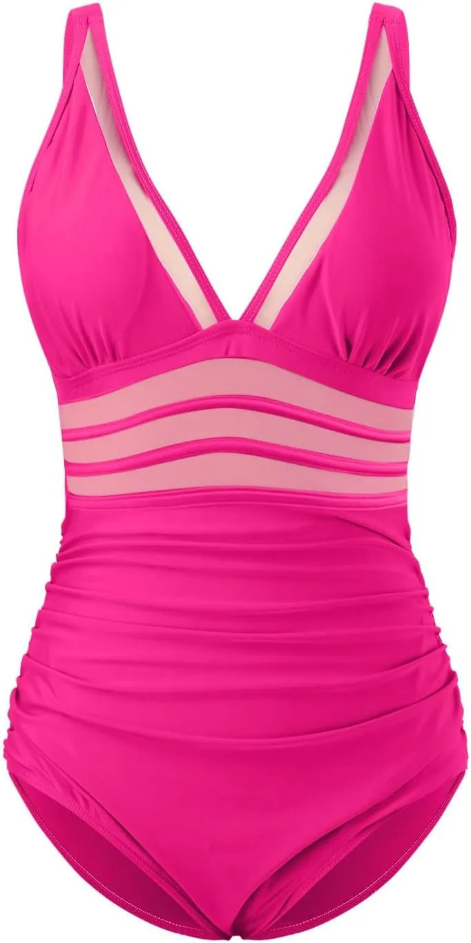 Sexy One Piece Swimsuits for Women 2025 Trendy Modest Bathing Suits V Neck Mesh Tummy Control Swimwear