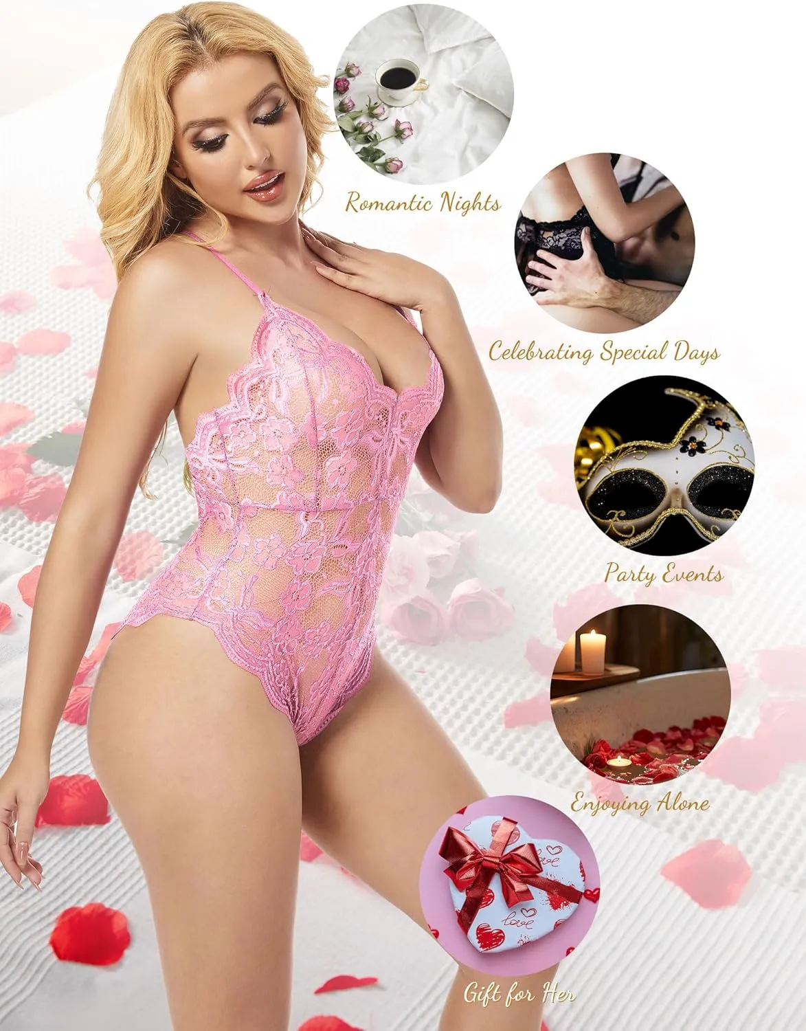 Sexy Snap Crotch Lingerie for Women Deep V Teddy Sexy Lace Bodysuit One Piece Babydoll Nightgown S-XXXL