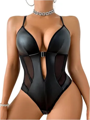 SHENHE Women's Pu Leather Bodysuit Lingerie Sheer Lace Deep V Plunge Mesh Thong Lingerie