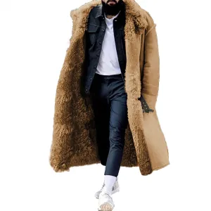 Sherpa Lined Long Jacket Men Faux Leather Shearling Jacket Fur Collar Long Trench Coats Winter Sheepskin Fleece Coat