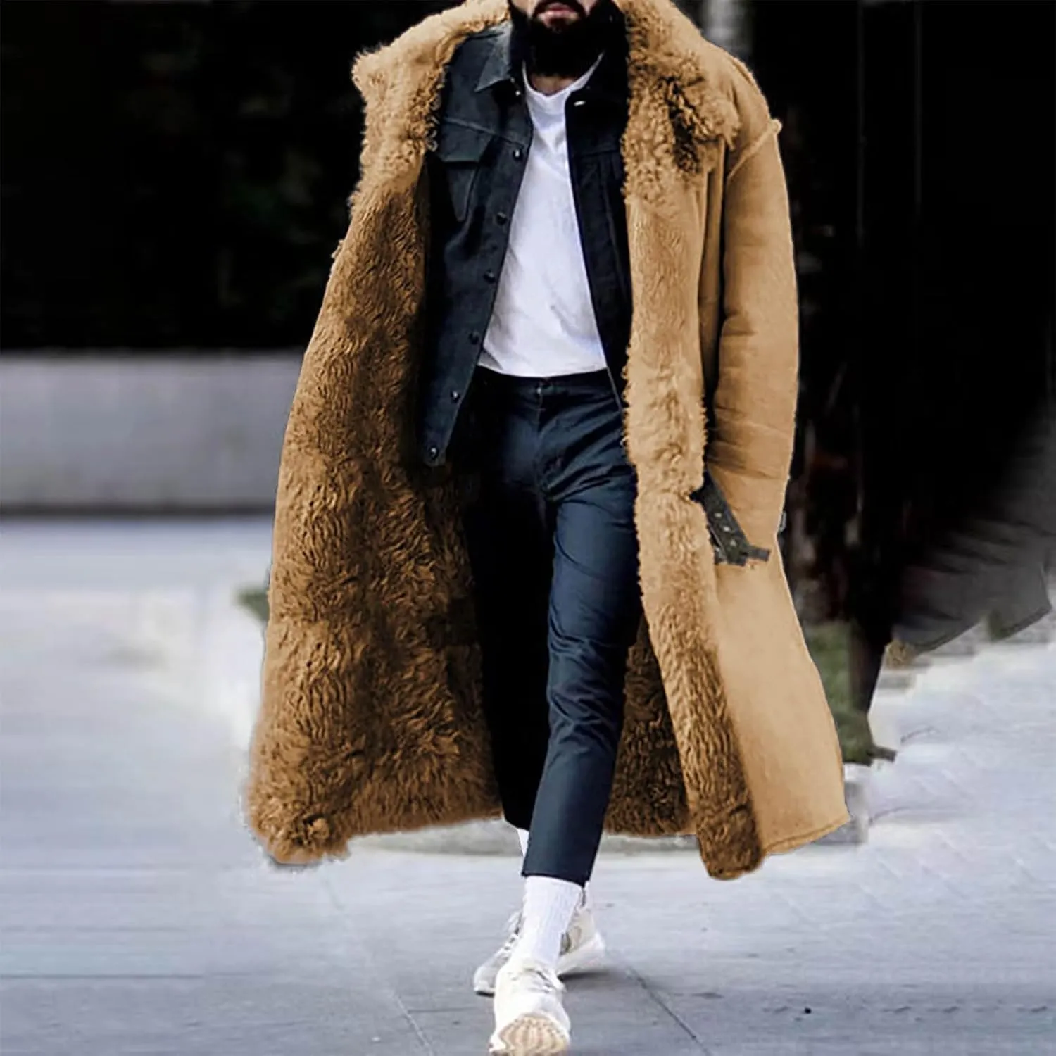 Sherpa Lined Long Jacket Men Faux Leather Shearling Jacket Fur Collar Long Trench Coats Winter Sheepskin Fleece Coat