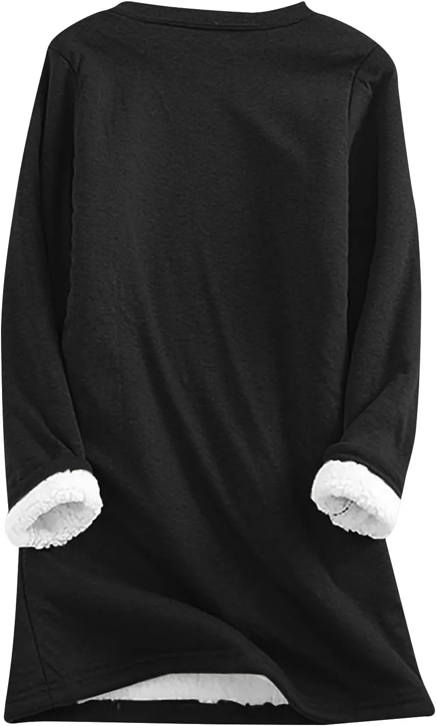Sherpa Lined Sweatshirt Women Fleece Pullover Sweatshirt with Pockets Crewneck Pullover Fuzzy Thermal Underwear Tops