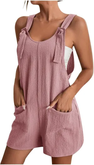Short Rompers for Women 2025 Summer Plus Size Tie Knot Strap Overall Shorts Vacation Beach Bib Jumpsuits with Pockets