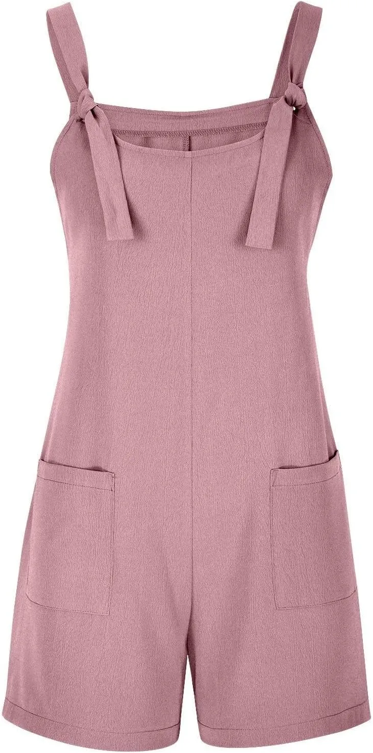Short Rompers for Women 2025 Summer Plus Size Tie Knot Strap Overall Shorts Vacation Beach Bib Jumpsuits with Pockets