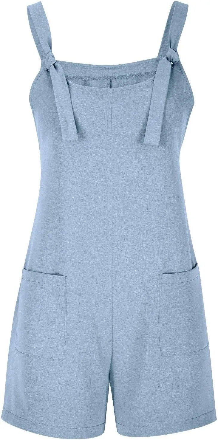 Short Rompers For Women Summer Sleeveless Jumpsuit Loose Spaghetti Strap Overalls with Pockets