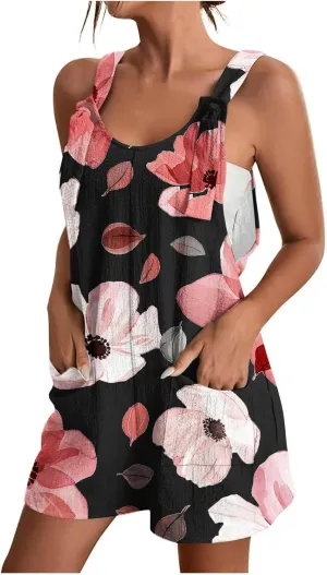 Sinzelimin Women's Linen Bib Overalls Fashion Boho Style Sleeveless Shorts Jumpsuits Baggy Casual Summer Rompers with Pockets
