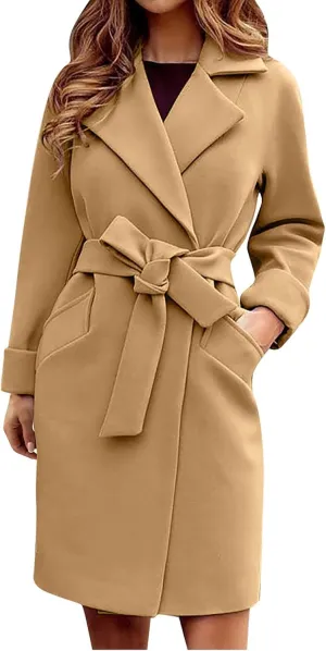 STYESH Womens Wrap Coats with Belt 2023 Fashion Overcoats Notched Lapel Trench Coats Winter Pea Coats Outerwear with Pockets