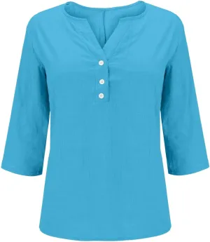 Summer Cotton Linen Shirts for Women 2025 Fashion Solid Color V Neck 3/4 Sleeve Tops Plus Size Casual Loose Blouses