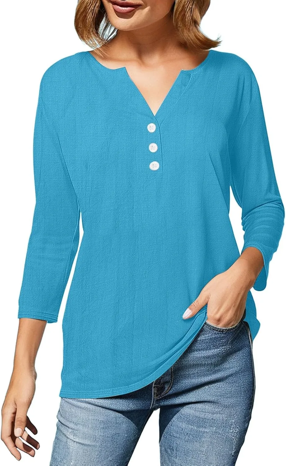Summer Cotton Linen Shirts for Women 2025 Fashion Solid Color V Neck 3/4 Sleeve Tops Plus Size Casual Loose Blouses