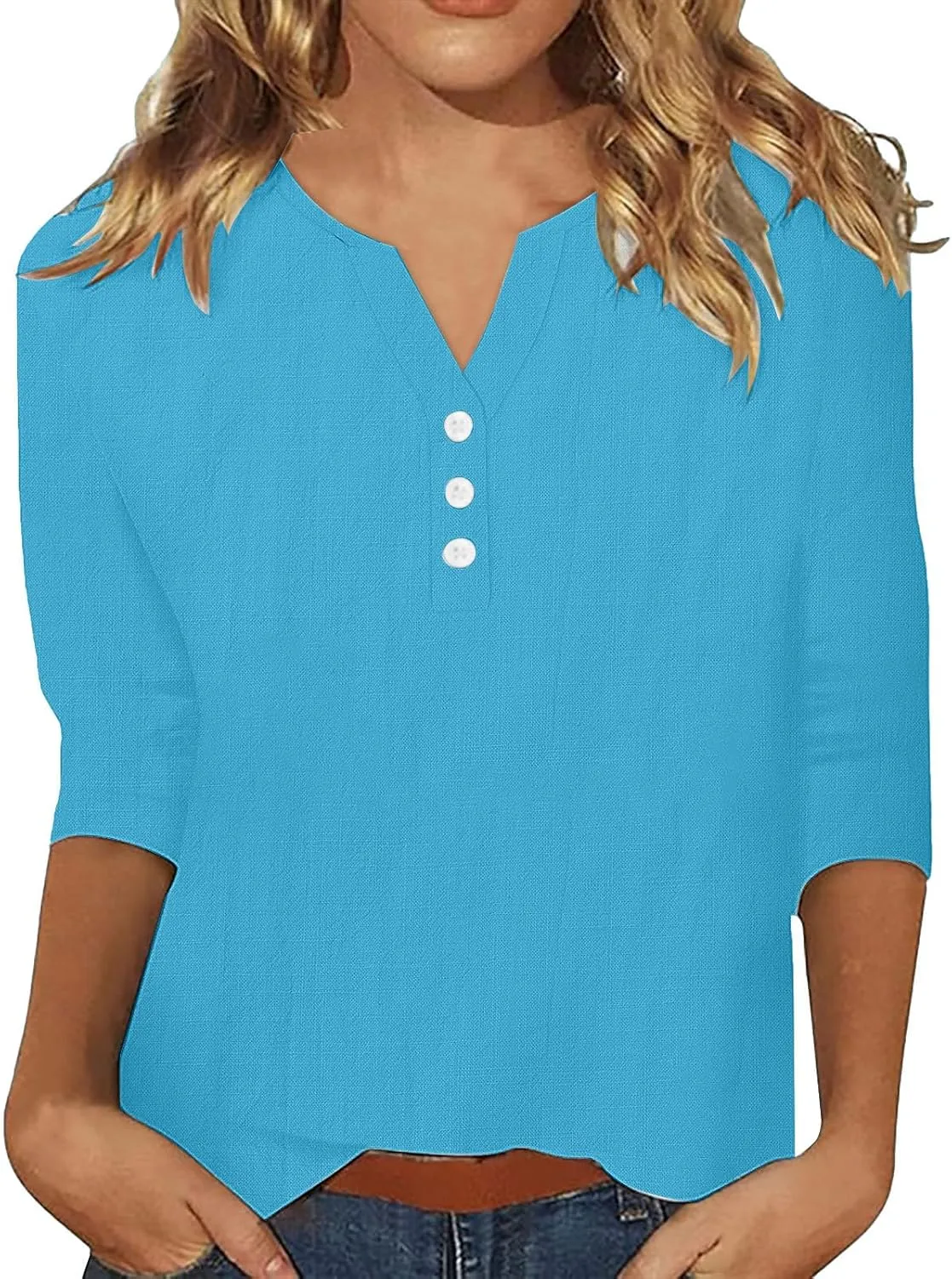 Summer Cotton Linen Shirts for Women 2025 Fashion Solid Color V Neck 3/4 Sleeve Tops Plus Size Casual Loose Blouses