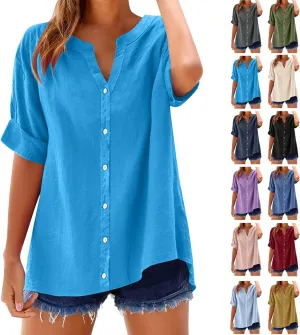 Summer Linen Work Tops for Women Trendy Button Down Plus Size V Neck Boho Clothes Spring Tops for Women 2025 Fashion