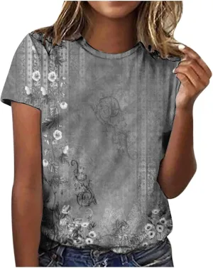Summer Outfits for Women Short Sleeve Printed Tops Round Neck Trendy Tees Vacation Plus Size Tunics Casual T Shirt