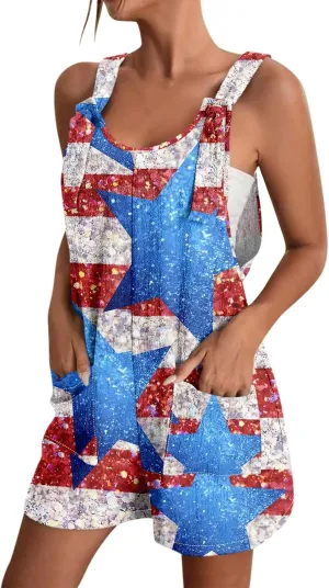 Summer Rompers for Women 2025 Casual Loose Short Overalls Adjustable Shoulder Straps Shorts Overall with Pockets