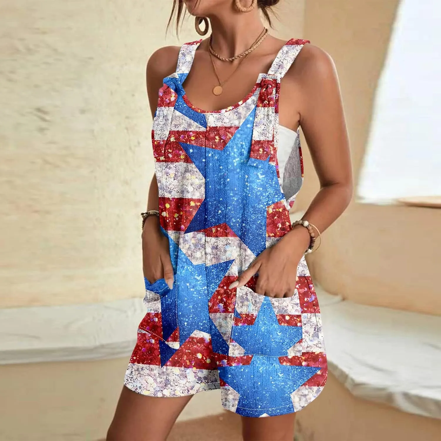 Summer Rompers for Women 2025 Casual Loose Short Overalls Adjustable Shoulder Straps Shorts Overall with Pockets
