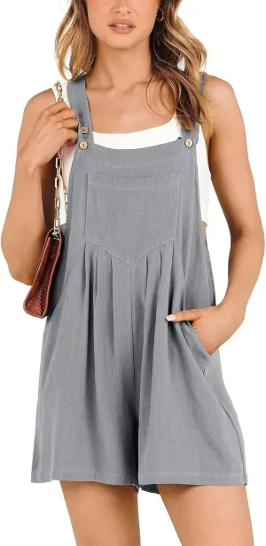 Summer Rompers for Women 2025 Plus Size Linen Overall Shorts Shortalls Adjustable Straps Smocked Short Bib Overalls Jumpsuits